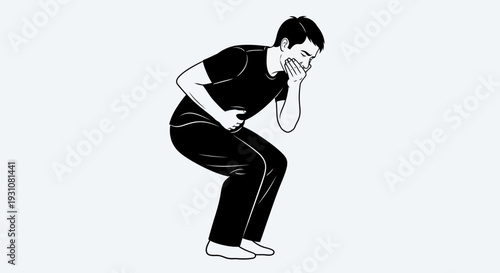 Vector illustration of a man experiencing acute digestive distress and nausea, hands covering