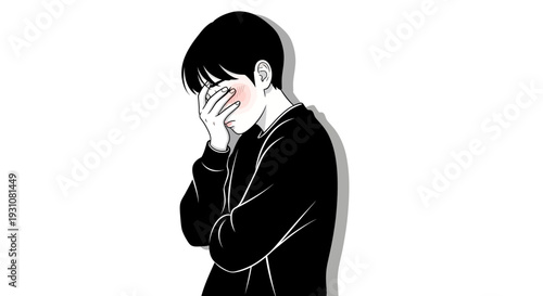 Emotive minimalist vector depicting a person shielding their face in a moment of shyness or distress