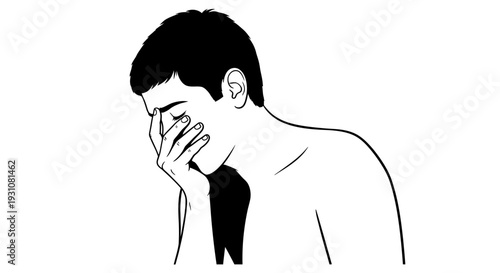 Graphic representation of a man grappling with sorrow, weariness, or internal struggle depicted in