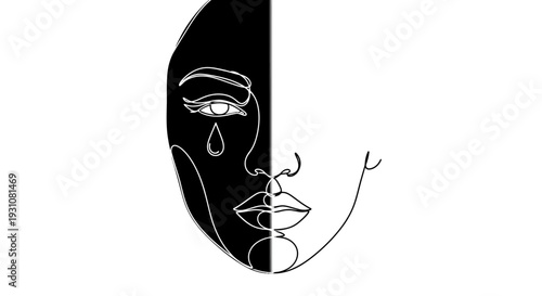Abstract minimalist line art portraying a woman's face split in two, revealing contrasting