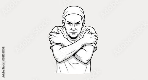 Intense man with grim expression and protective posture conveying strong negative emotion or