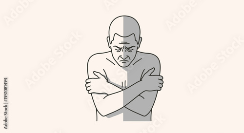 A minimalist line art illustration of a man shivering from cold or expressing deep emotional sadness