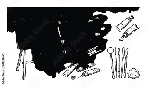 Artist tools illustration: Easel, paint tubes, palette, and sculpting tools hand drawn vector art
