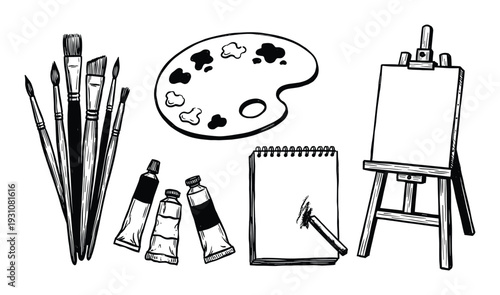 Artist tools: easel, paint brushes, palette, paint tubes, and sketchbook illustration