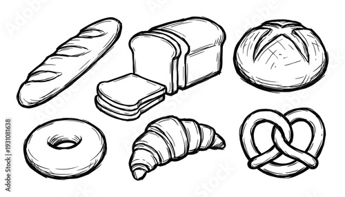 Assorted baked goods sketch illustration featuring bread loaf, baguette, bagel, croissant, pretzel and bread slices