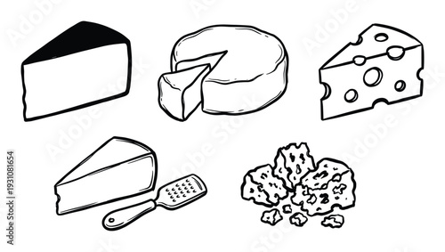 Assorted cheese illustration with cheddar, swiss, brie and blue cheese types with grater and cheese pieces