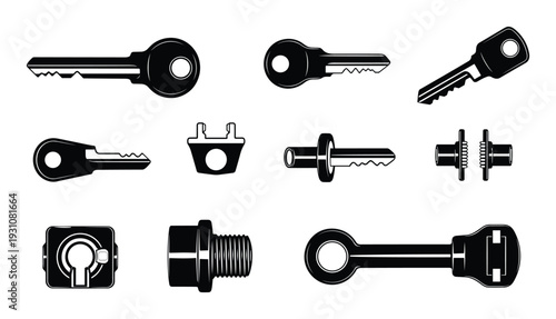 Assorted keys vector illustration, locks components, different key shapes, lock mechanisms and elements in detailed black and white graphic.
