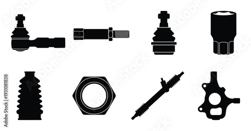 Auto parts set vector illustration, car suspension, steering mechanism elements in black silhouettes, isolated on white background