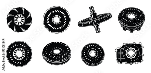 Automatic transmission parts vector illustration set, gear components detailed outline drawing