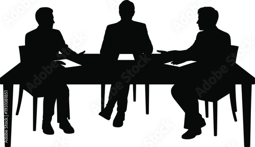 Business meeting silhouettes, corporate negotiation discussion between executives at conference table showing teamwork collaboration strategy