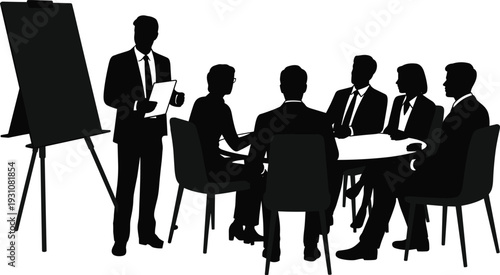 Business meeting presentation silhouettes, corporate team discussion training seminar office collaboration professional workplace illustration