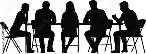 Business meeting team discussion silhouette, corporate people sitting at table collaboration teamwork concept illustration