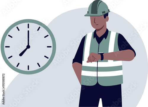 Construction Worker Checking Time on Smartwatch with Clock in Background