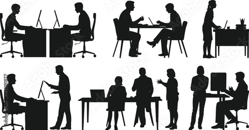 Business office worker silhouettes, professional teamwork meeting discussion corporate employees working at desks illustration
