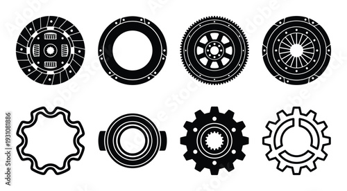 Automotive car parts vector set, clutch disc, flywheel, gears, engine parts, black and white detailed illustration