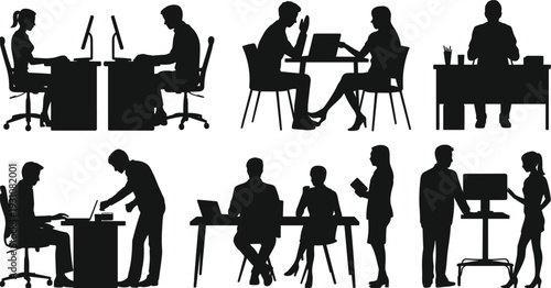 Office worker silhouettes, business professionals working at desks meeting discussion teamwork corporate workplace illustration