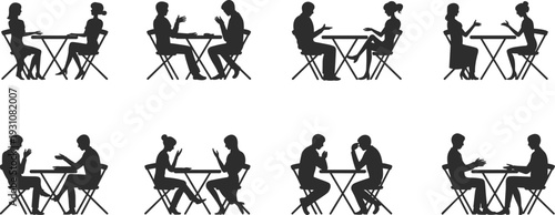 People conversation silhouettes collection, cafe restaurant meeting scenes with couples talking at dining tables illustration