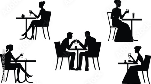Restaurant people silhouettes dining together, cafe lifestyle social gathering with customers eating and drinking concept