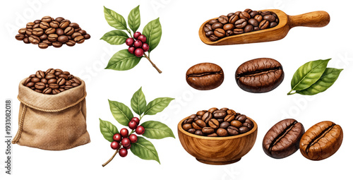 A charming watercolor collection of coffee beans, including burlap sack, wooden scoop, and coffee plant.