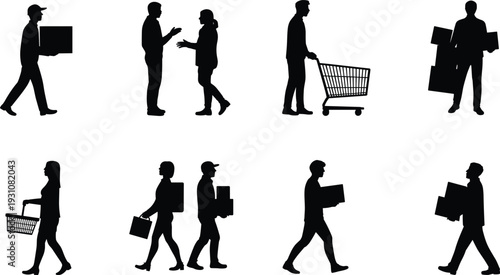 Shopping and delivery people silhouettes set, customers and workers carrying boxes and retail bags collection