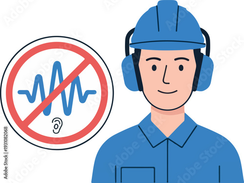 Worker with Ear Protection and Hard Hat for Noise Safety