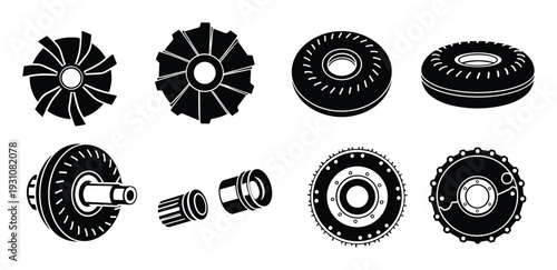 Automotive Transmission Parts Vectors: Turbine, Stator, Clutch, and Torque Converter detailed Black and white