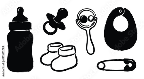 Baby items collection with bottle, pacifier, rattle, bib, booties and diaper pin, vector illustration on white