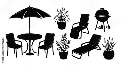 Backyard patio furniture set with grill, table, chairs, umbrella, potted plants for outdoor living and garden recreation