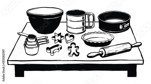 Baking utensils, baking tools set on table, mixing bowl, measuring cups, rolling pin, cookie cutters, pie dish, cake pan.