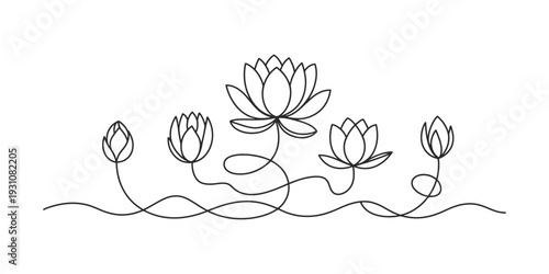 Minimalist line art illustration of five lotus flowers with elegant swirling stems. Vector, illustration
