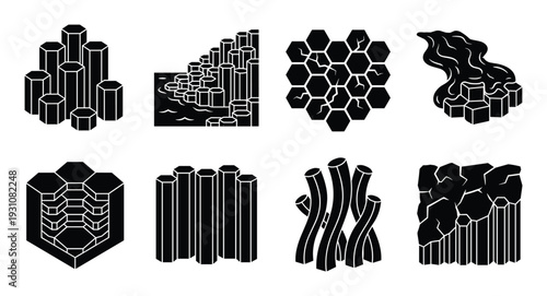 Basalt columns vector set, hexagonal rock formations, geological structures, different rock structures isolated