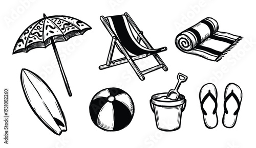 Beach vacation vector illustration with umbrella, chair, surfboard, towel, ball, bucket, and flip-flops sketch drawing.