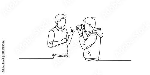 Minimalist continuous line drawing of a photographer taking a picture of a man posing Vector, illustration
