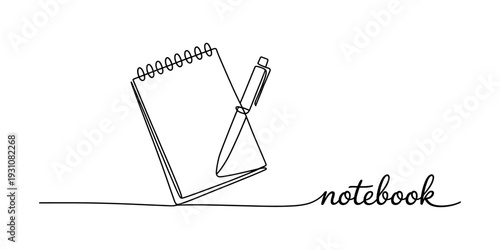 Minimalist continuous line drawing of a spiral notebook and a pen with handwritten text Vector, illustration