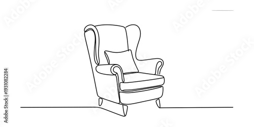 Single continuous line drawing of a classic wingback armchair with a small cushion. Vector, illustration