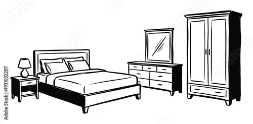Bedroom furniture set with bed, nightstand, dresser and mirror, and wardrobe illustration, bedroom interior design