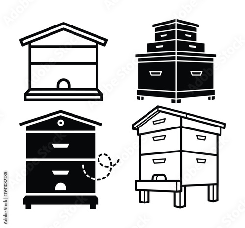 Beehive types vector set. Beekeeping equipment illustration. Honey house in line art style. Black and white illustration.