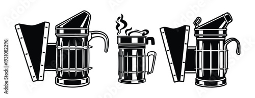 Beekeeping smoker vector illustrations with bellows and smoke in black and white, equipment for beekeepers