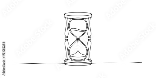 A simple black and white line drawing of an hourglass standing on a flat surface. Vector, illustration
