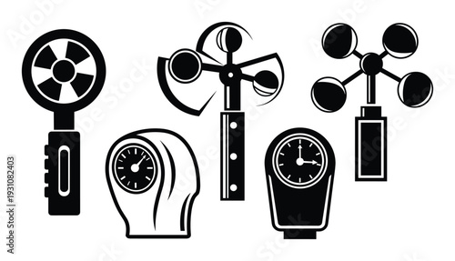 Black and white anemometer icon set with clocks for measuring wind speed and time