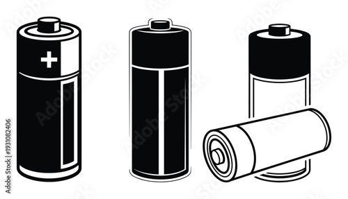 Black and white battery illustration, four cylinder batteries, battery drawing vector illustration