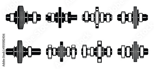 Black and white camshafts illustrations, engine components, and mechanical parts vector set