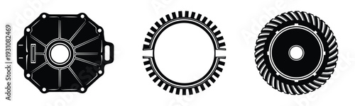 Black and white engineering parts collection: octagon, gear, and tractor tire designs isolated, machine parts.