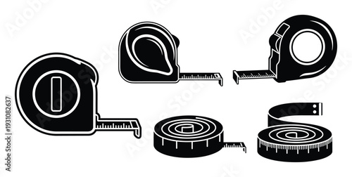 Black and white tape measure illustrations. measuring tape flat designs, architect ruler, flexible ruler drawing
