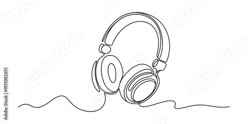 Continuous line drawing of a pair of modern over ear headphones with a cord on a white background. Vector, illustration