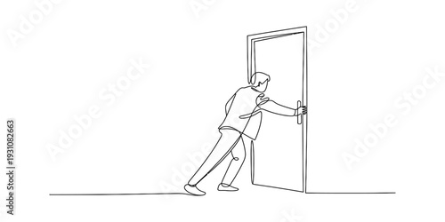 Minimalist line drawing of a businessman in a suit trying to push open a heavy door. Vector, illustration