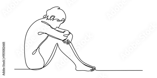 Minimalist continuous line art of a sad person sitting on the ground feeling lonely Vector, illustration