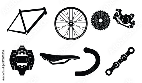 Black bicycle parts silhouette vector: frame, wheel, cassette, brake, pedal, saddle, handlebar, chain