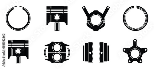 Black engine parts vector illustration. Mechanical components for engines
