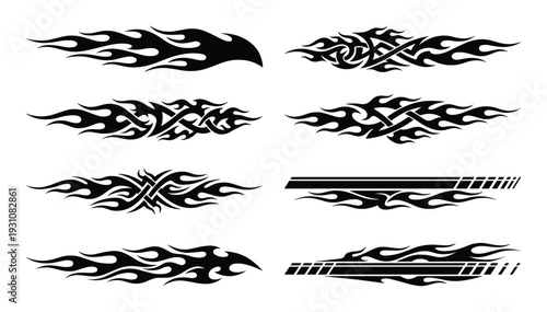Black flame graphic designs, tattoo templates, tribal flames vector illustrations, automotive decal, racing stripes